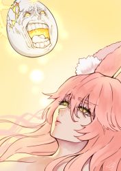 Rule 34 | 1girl, animal ear fluff, animal ears, christopher columbus (fate), commentary request, cracked egg, egg, fate/grand order, fate (series), fox ears, fox girl, frown, hair between eyes, koyanskaya (fate), laughing, long hair, looking at another, open mouth, pink hair, portrait, rkp, sidelocks, signature, solo, tamamo (fate), teeth, tongue, yellow background, yellow eyes