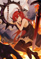 Rule 34 | 1girl, arknights, arm support, black dress, black thighhighs, commentary, demon girl, demon horns, dress, fire, frown, highres, horns, k-yosinori, long hair, looking at viewer, lying, lava, on side, red hair, sidelocks, sitting, solo, spaghetti strap, surtr&#039;s golem (arknights), surtr (arknights), sword, thigh strap, thighhighs, weapon, wrist guards, yokozuwari