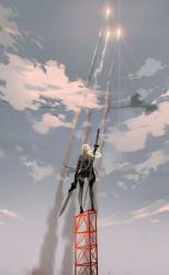Rule 34 | 1girl, amei zhao, back, cloud, elbow gloves, gloves, holding, holding sword, holding weapon, lens flare, long hair, miniskirt, nier (series), nier:automata, skirt, sky, smoke trail, solo, standing, sword, thighhighs, weapon, white hair, a2 (nier:automata)