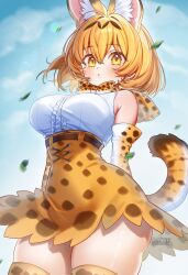 1girl absurdres animal_ear_fluff animal_ears belt black_belt black_hair blonde_hair bow bowtie breasts by_mirin cat_ears cat_girl cat_tail center_frills falling_leaves frills hashtag-only_commentary high-waist_skirt highres kemono_friends large_breasts leaf multicolored_hair serval_(kemono_friends) serval_print shirt signature skirt solo tail thighhighs twitter_username two-tone_hair watermark white_shirt yellow_bow yellow_bowtie yellow_eyes yellow_skirt yellow_thighhighs