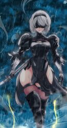 Rule 34 | 1girl, 2b (nier:automata), absurdres, black blindfold, black dress, blindfold, blurry, blurry foreground, boots, breasts, cleavage cutout, clothing cutout, dark background, dress, feet out of frame, grey hair, highres, holding, holding sword, holding weapon, katana, kinakomochi (user vedc2333), medium breasts, nier:automata, nier (series), rain, solo, sword, thick thighs, thigh boots, thighs, thunder, weapon, wet, wide hips