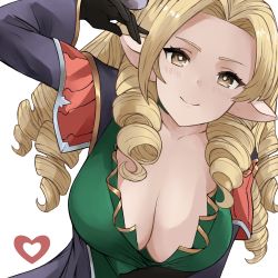 Rule 34 | 1girl, black gloves, blonde hair, blush, breasts, brown eyes, cleavage, draph, dress, drill hair, gloves, granblue fantasy, green dress, highres, horns, iiros, large breasts, long hair, long sleeves, looking at viewer, maria theresa (granblue fantasy), quad drills, smile, solo