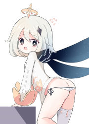Rule 34 | 1girl, ass, blue eyes, butt crack, cape, dress, genshin impact, halo, looking at viewer, looking back, open mouth, paimon (genshin impact), panties, scarf, short hair, solo, sseopik, underwear, white dress, white hair