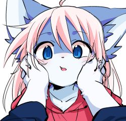 Rule 34 | 1girl, ahoge, blonde hair, blue eyes, blush, body fur, cheek squash, furry, hands on another&#039;s face, hood, hoodie, looking at viewer, open mouth, original, pov, simple background, solo focus, tareme, white background, zorodora