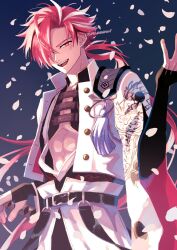 Rule 34 | 1boy, cherry blossoms, dragon print, earrings, eyebrow cut, fate/grand order, fate (series), funahashi (nkmmmmr), hair over one eye, highres, jacket, japanese clothes, jewelry, long hair, long sleeves, looking at viewer, low ponytail, male focus, multicolored hair, pectoral cleavage, pectorals, petals, red eyes, red hair, smile, solo, streaked hair, takasugi shinsaku (fate), toned, toned male, underpec, white hair, white jacket