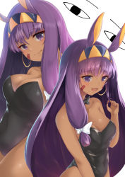 Rule 34 | &lt;o&gt; &lt;o&gt;, 1girl, :3, :q, animal ears, bare legs, bare shoulders, black bow, black leotard, blush, bow, bowtie, breasts, cleavage, collarbone, dark-skinned female, dark skin, earrings, enatsu, facepaint, facial mark, fate/grand order, fate (series), hair bow, twirling hair, hairband, highres, hoop earrings, jackal ears, jewelry, large breasts, leotard, long hair, looking at viewer, multiple views, nitocris (fate), open mouth, playboy bunny, purple eyes, purple hair, sidelocks, smile, strapless, strapless leotard, tongue, tongue out, very long hair, white bow