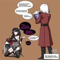 Rule 34 | 1boy, 1girl, architect (girls&#039; frontline), asymmetrical clothes, black hair, bowl, breasts, cereal box, cleavage, commander (girls&#039; frontline), commentary, doghouse, english text, engrish text, girls&#039; frontline, griffin &amp; kryuger military uniform, hair ornament, kneeling, leash, long hair, madcore, medium breasts, meme, one side up, oreo, pet bowl, pink eyes, ranguage, sangvis ferri, simple background, smile, spoon, they had lots of sex afterwards (meme), thighhighs, white hair