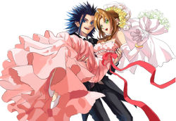 Rule 34 | 1boy, 1girl, aerith gainsborough, blue eyes, blue hair, bouquet, bow, brown hair, carrying, da huang, dress, elbow gloves, eyes visible through hair, final fantasy, final fantasy vii, fingernails, flower, formal, frills, gloves, green eyes, hair slicked back, holding, holding bouquet, holding person, long hair, open mouth, pink dress, princess carry, red bow, sakamoto maaya, simple background, smile, suit, teeth, upper teeth only, wedding dress, white background, white gloves, yellow flower, zack fair