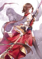 Rule 34 | 1girl, aki663, bare shoulders, brown hair, character request, granblue fantasy, green eyes, leona (granblue fantasy), long hair, naginata, polearm, solo, thighhighs, thighs, weapon, wide sleeves