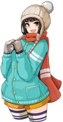 Rule 34 | 1girl, aqua coat, black hair, blue legwear, blunt bangs, bobblehat, can, coat, commentary, cowboy shot, cropped legs, green eyes, grey headwear, grey mittens, hamaguchi ayame, holding, holding can, idashige (walkietalkie), idolmaster, idolmaster cinderella girls, long sleeves, looking at viewer, mittens, open mouth, orange shorts, red scarf, scarf, short hair, shorts, sidelocks, simple background, smile, solo, white background, winter clothes