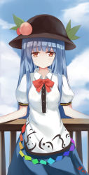 Rule 34 | 1girl, absurdres, anhao, arms at sides, bad id, bad pixiv id, black hat, blue hair, blue skirt, blue sky, blunt bangs, bow, bowtie, brown eyes, buttons, closed mouth, cloud, cloudy sky, collared shirt, cowboy shot, day, eyebrows, food, fruit, hat, hat leaf, highres, hinanawi tenshi, long hair, looking at viewer, peach, puffy short sleeves, puffy sleeves, railing, rainbow order, red bow, red bowtie, shirt, short sleeves, signature, skirt, sky, smile, solo, touhou, wing collar