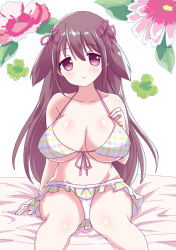 Rule 34 | 1girl, bikini, breasts, brown hair, hand on own chest, large breasts, long hair, maya yukiko, nobutake (nobu0), red eyes, saki (manga), solo, swimsuit