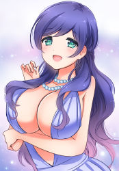 Rule 34 | 10s, 1girl, breasts, cleavage, green eyes, hair down, highres, jewelry, large breasts, long hair, looking at viewer, love live!, love live! school idol festival, love live! school idol project, nanairo fuuka, necklace, open mouth, pearl necklace, purple hair, smile, solo, tojo nozomi