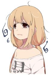 Rule 34 | 10s, 1girl, bad id, bad twitter id, blonde hair, brown eyes, collarbone, futaba anzu, gloom (expression), idolmaster, idolmaster cinderella girls, long hair, low twintails, off shoulder, open mouth, shirt, simple background, solo, touzai (poppin phl95), twintails, upper body, white background, white shirt
