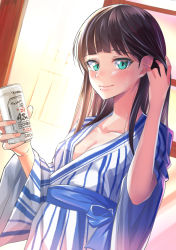 Rule 34 | 10s, 1girl, absurdres, asahi breweries, beer can, black hair, breasts, can, cleavage, collarbone, commentary request, drink can, green eyes, tucking hair, highres, holding, holding can, japanese clothes, kimono, kurosawa dia, long hair, looking at viewer, love live!, love live! sunshine!!, medium breasts, mole, mole under mouth, sash, shaka (staito0515), smile, solo, standing, striped clothes, striped kimono, sweat, upper body, vertical-striped clothes, vertical-striped kimono, yukata