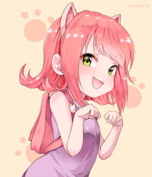 Rule 34 | 1girl, :3, animal ears, annie (league of legends), backpack, bad id, bad pixiv id, bag, bare shoulders, dress, fake animal ears, fang, green eyes, league of legends, looking at viewer, panza, paw pose, purple dress, red hair, short hair, sleeveless, sleeveless dress, solo, upper body