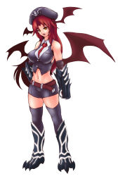 Rule 34 | 1girl, adapted costume, alternate eye color, bare shoulders, bat wings, belt, black thighhighs, boots, breasts, claws, collar, devil may cry (series), full body, gauntlets, glowing, hat, hat ornament, head wings, highres, impossible clothes, impossible vest, kin&#039;iro sakana-kan, koakuma, large breasts, long hair, low wings, midriff, navel, necktie, open mouth, orange eyes, red hair, red necktie, simple background, skirt, sleeveless, slit pupils, solo, thighhighs, touhou, vest, white background, wings, zettai ryouiki
