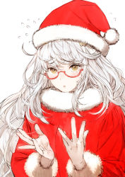 Rule 34 | 1girl, biwa hayahide (umamusume), blush, coat, commentary request, flying sweatdrops, glasses, hands up, hat, highres, long hair, long sleeves, looking at viewer, parted lips, red coat, santa costume, semi-rimless eyewear, simple background, solo, sweat, toi8, umamusume, upper body, white background, white hair, yellow eyes
