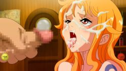 Rule 34 | 1girl, after fellatio, blush, brown eyes, censored, cum, cum in mouth, cum on hair, door, facial, game cg, indoors, long hair, looking at another, map, mosaic censoring, nami (one piece), nude, one piece, open mouth, orange hair, penis, solo focus, standing, tattoo, tongue, upper body, wall, yamamoto doujin