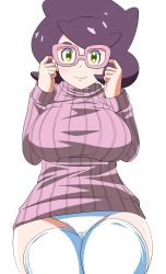 Rule 34 | 1girl, breasts, character name, chelsea cola v, creatures (company), game freak, goggles, goggles on head, green eyes, highres, nintendo, nude, pokemon, pokemon sm, purple hair, smile, white background, wicke (pokemon)