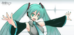 Rule 34 | 1girl, aqua eyes, aqua hair, aqua nails, armpits, detached sleeves, female focus, fingernails, green eyes, green hair, hatsune miku, headset, ivan barrientos, long fingernails, long hair, matching hair/eyes, nail, nail polish, necktie, outstretched arms, simple background, solo, spread arms, twintails, very long hair, vocaloid, vocaloid2