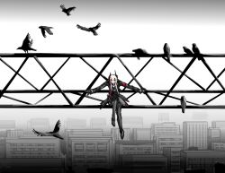 Rule 34 | 1girl, absurdres, bird, black footwear, black jacket, building, city, cityscape, commentary, crane (machine), crow, english commentary, flock, girls&#039; frontline, greyscale, grin, highres, horns, inktober, jacket, long hair, looking at viewer, m4 sopmod ii (girls&#039; frontline), monochrome, multicolored hair, polzinad2k, crow, red eyes, sitting, smile, solo, spot color, streaked hair