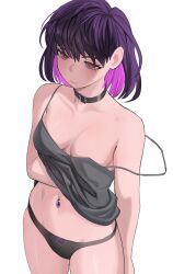 Rule 34 | 1girl, belt collar, black collar, black panties, breasts, cleavage, closed mouth, collar, collarbone, commentary, cowboy shot, crop top, english commentary, grey shirt, hand on own chest, highres, jourd4n, light blush, medium breasts, minori yume (jourd4n), multicolored hair, navel, navel piercing, original, panties, piercing, pink eyes, pink hair, purple hair, shirt, short hair, simple background, solo, thighs, two-tone hair, underwear, wavy mouth, white background