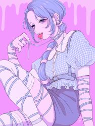 Rule 34 | 1girl, absurdres, blue eyeshadow, blue hair, blue nails, blue ribbon, blue skirt, checkered clothes, checkered shirt, collar, commentary request, earrings, eyeshadow, food, food in mouth, frilled collar, frills, fruit, highres, jewelry, long hair, looking at viewer, makeup, nail polish, original, ponytail, puffy short sleeves, puffy sleeves, purple eyes, ribbon, shirt, short sleeves, skirt, solo, strawberry, thighhighs, usagiboshi shizuka, white thighhighs, yume kawaii