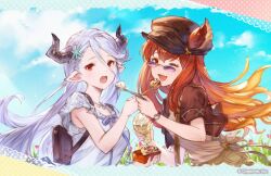 Rule 34 | 2girls, alternate costume, animal ears, anthuria, backpack, bag, bead bracelet, beads, bracelet, contemporary, draph, dress, erune, feeding, food, gradient hair, granblue fantasy, hair ornament, hairclip, horns, ice cream, izmir, jacket, jewelry, long hair, looking at viewer, mole, mole under mouth, multicolored hair, multiple girls, official art, one eye closed, open mouth, orange hair, pointy ears, red eyes, red hair, shared food, smile, spoon, strap, sunglasses, takoyaki, upper body, watch, white dress, white hair