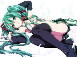 Rule 34 | 1girl, bad id, bad pixiv id, detached sleeves, etou (cherry7), feathers, green eyes, green hair, hatsune miku, headphones, headphones around neck, headset, highres, long hair, looking at viewer, lying, matching hair/eyes, necktie, open clothes, open shirt, shirt, skirt, solo, thighhighs, twintails, very long hair, vocaloid