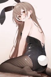 1girl alternate_costume animal_ears armpit_crease ass backless_leotard bare_back bare_shoulders black_hair black_leotard blush breasts brown_background brown_eyes brown_hair commentary cross-laced_clothes cross-laced_leotard crossed_bangs deyui earrings fake_animal_ears fake_tail feet fishnet_pantyhose fishnets from_behind hair_between_eyes highres hololive hololive_english jewelry legs leotard long_hair looking_at_viewer medium_breasts multicolored_hair nanashi_mumei no_shoes open_mouth pantyhose playboy_bunny rabbit_ears rabbit_tail simple_background sitting soles solo strapless strapless_leotard streaked_hair symbol-only_commentary tail toes upper_body virtual_youtuber wariza white_hair
