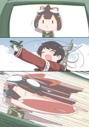 Rule 34 | 2girls, :&lt;, absurdres, aircraft, armband, black hair, blush, brown hair, closed eyes, cloud, comic, commentary request, fairy (kancolle), gloves, goggles, goggles on head, hair ribbon, headband, highres, holding, kantai collection, long sleeves, mogami (kancolle), multiple girls, musical note, open mouth, ponytail, red ribbon, ribbon, rigging, salute, shiyoo, sky, teeth, white headband