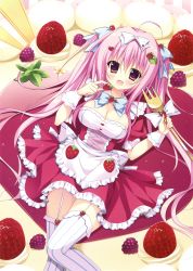 Rule 34 | 1girl, absurdres, ahoge, apron, blue ribbon, bow, bowtie, breasts, cake, cleavage, dress, food, garter straps, hair between eyes, hair bow, hair ribbon, highres, holding, large breasts, long hair, looking at viewer, looking up, open mouth, original, pink eyes, pink hair, ribbon, sitting, solo, striped bow, striped clothes, striped ribbon, striped thighhighs, tanoma suzume, thighhighs, twintails, very long hair, white bow, white thighhighs, wrist cuffs
