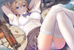 Rule 34 | 1girl, :&lt;, aks-74u, arms behind head, arms up, assault rifle, blonde girl (itou), blonde hair, blue eyes, bow, bowtie, bra visible through clothes, breasts, brown skirt, can, closed mouth, collared shirt, commentary request, crossed legs, day, dress shirt, drink can, feet out of frame, gun, hair between eyes, hair bow, highres, itou (onsoku tassha), kalashnikov rifle, long hair, looking at viewer, lying, medium breasts, miniskirt, on back, on ground, original, outdoors, panties, pantyshot, pleated skirt, ponytail, puddle, purple bow, purple bowtie, red bull, rifle, shirt, short sleeves, skirt, soda can, solo, thighhighs, underwear, upskirt, water, weapon, white bow, white panties, white thighhighs