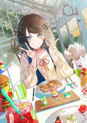 Rule 34 | 1girl, bendy straw, blue eyes, blurry, blush, breasts, brown eyes, brown hair, burger, cheese, collarbone, commentary request, cup, day, depth of field, double v, drinking glass, drinking straw, dutch angle, food, food request, fork, gradient eyes, grin, hair bun, hands up, ice, ice cube, indoors, knife, lettuce, long sleeves, mashiromi noah, multicolored eyes, open mouth, original, plate, pov across table, puffy long sleeves, puffy sleeves, short hair, single hair bun, smile, solo, swept bangs, symbol-shaped pupils, syrup, table, teeth, tomato, tree, v, waffle