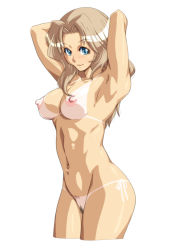 Rule 34 | 1girl, armpits, arms behind head, bikini tan, blonde hair, blue eyes, blush, breasts, closed mouth, collarbone, completely nude, female pubic hair, girls und panzer, groin, hair intakes, kay (girls und panzer), large breasts, looking at viewer, medium hair, monochrome background, navel, nipples, nude, pubic hair, qkat (arikawa-dou), simple background, smile, solo, tan, tanline, teeth, wavy hair, white background