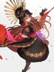 Rule 34 | 1girl, bow, brown eyes, brown hair, chacha (fate), detached sleeves, dress, fate/grand order, fate (series), gloves, grin, hand on own hip, hat, highres, lack, long hair, looking at viewer, pantyhose, smile, solo