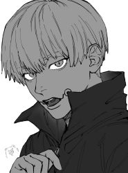 Rule 34 | 1boy, facial tattoo, greyscale, hair between eyes, hand up, high collar, highres, inumaki toge, jacket, jujutsu kaisen, kmskc f, looking at viewer, male focus, monochrome, open mouth, school uniform, short hair, simple background, sketch, solo, tattoo, tongue tattoo