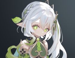 Rule 34 | 1girl, 750x077, :/, bangle, black background, bracelet, braid, child, closed mouth, commentary request, dress, flower-shaped pupils, gem, genshin impact, green eyes, grey hair, hair between eyes, hair ornament, highres, jewelry, looking at viewer, nahida (genshin impact), pointy ears, side ponytail, single braid, sleeveless, sleeveless dress, solo, symbol-shaped pupils, white dress