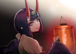 Rule 34 | 1girl, b.d, bare shoulders, bob cut, breasts, bridal gauntlets, eyeliner, fate/grand order, fate (series), headpiece, highres, horns, japanese clothes, kimono, lantern, long sleeves, looking at viewer, looking back, makeup, oni, open mouth, paper lantern, pointy ears, purple eyes, purple hair, purple kimono, short hair, shuten douji (fate), skin-covered horns, small breasts, smile, wide sleeves