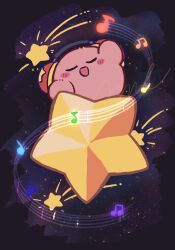 Rule 34 | blush stickers, closed eyes, colored skin, commentary request, headphones, highres, kirby, kirby (series), musical note, nintendo, no humans, parasoruoishii, pink skin, signature, smile, solo, space, star (sky), star (symbol), warp star
