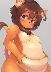 Rule 34 | 1girl, animal ears, blue eyes, body fur, breasts, brown hair, closed mouth, completely nude, furry, furry female, grey background, highres, kageroh, lion ears, lion girl, lion tail, looking at viewer, medium breasts, navel, nude, original, plump, shirt, short hair, simple background, solo, tail