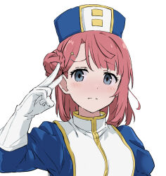 Rule 34 | 1girl, alternate eye color, blue eyes, blue hat, blue jacket, breasts, collared jacket, commentary request, cosplay, dot nose, eyes visible through hair, frown, gloves, hair bun, hair ornament, hairclip, hand up, hat, highres, jacket, karla (kono healer mendokusai), karla (kono healer mendokusai) (cosplay), kono healer mendokusai, light blush, long sleeves, looking at viewer, love live!, love live! nijigasaki high school idol club, medium breasts, oonishi aguri, pink hair, rauto, short hair, simple background, solo, star (symbol), star hair ornament, uehara ayumu, upper body, v, voice actor connection, white background, white gloves