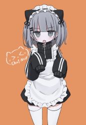 Rule 34 | 1girl, animal ears, apron, black jacket, black skirt, blush, cat ears, cowboy shot, double vertical stripe, earrings, fake animal ears, fang, fish hair ornament, frilled apron, frills, grey eyes, grey hair, hair ornament, hairclip, highres, jacket, jersey maid, jewelry, jitome, kanikan, long sleeves, looking at viewer, maid, maid apron, maid headdress, medium hair, miniskirt, open mouth, orange background, original, simple background, skin fang, skirt, sleeves past fingers, sleeves past wrists, solo, standing, straight-on, thighhighs, track jacket, unconventional maid, white apron, white thighhighs, zettai ryouiki, zipper pull tab