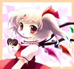 Rule 34 | 1girl, blonde hair, blush, candy, chibi, chocolate, chocolate heart, embodiment of scarlet devil, fang, female focus, flandre scarlet, food, framed, hair ribbon, heart, highres, looking at viewer, no headwear, outside border, red eyes, ribbon, shirt, side ponytail, skirt, skirt set, solo, touhou, vest, wings, yume shokunin