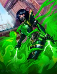 Rule 34 | 1girl, asymmetrical hair, black hair, bodysuit, boots, breasts, commentary, day, dutch angle, english commentary, glowing, green bodysuit, green eyes, green footwear, green smoke, highres, mask, medium breasts, mouth mask, revision, rhydwyn, short hair, skin tight, smoke, solo, thigh boots, thighhighs, valorant, viper (valorant)