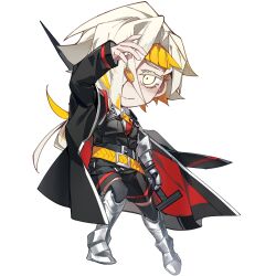 Rule 34 | 1girl, armor, belt, black belt, black coat, black shorts, black vest, blonde hair, chibi, chibi only, closed mouth, coat, coin, collared shirt, full body, gauntlets, gold coin, greaves, hair over one eye, hashtag-only commentary, highres, holding, holding nail, holding weapon, kromer (project moon), limbus company, long hair, long sleeves, looking at viewer, multicolored hair, nail, necktie, one eye covered, oversized object, project moon, red necktie, shirt, shorts, shouzuo, simple background, single gauntlet, smile, solo, two-tone hair, vest, weapon, white background, white hair, white shirt, wing collar, yellow belt, yellow eyes