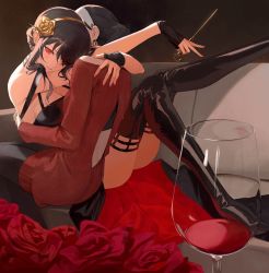 Rule 34 | 2girls, absurdres, backless outfit, black gloves, black hair, black pantyhose, black thighhighs, boots, breasts, cup, dagger, dress, drinking glass, dual persona, fingerless gloves, flower, gloves, gold hairband, hair flower, hair ornament, hairband, high heel boots, high heels, highres, holding, holding dagger, holding knife, holding weapon, knife, ko-ma, looking at viewer, medium breasts, multiple girls, pantyhose, parted lips, red eyes, red flower, red rose, red sweater, revision, rose, sidelocks, sitting, spy x family, stiletto (weapon), sweater, sweater dress, thighhighs, two-sided dress, two-sided fabric, weapon, white hairband, wine glass, yor briar