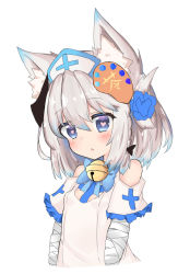 Rule 34 | 1girl, :o, animal ear fluff, animal ears, bailingxiao jiu, bandaged arm, bandages, bell, black bow, blue bow, blue eyes, blue flower, blue hair, blush, bow, braid, breasts, canvas (object), clothing cutout, cropped torso, cross, dress, flower, frilled sleeves, frills, gradient hair, hair between eyes, hair bow, hair flower, hair ornament, hat, heart, heart-shaped pupils, jingle bell, multicolored hair, nurse cap, original, parted lips, short sleeves, shoulder cutout, silver hair, simple background, small breasts, solo, symbol-shaped pupils, upper body, white background, white dress, white hat