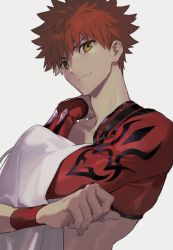 Rule 34 | 1boy, arm across chest, brown eyes, emiya shirou, fate/grand order, fate (series), igote, itefu, limited/zero over, looking at viewer, male focus, orange hair, senji muramasa (fate), simple background, smile, solo, spiked hair, upper body, white background, wristband
